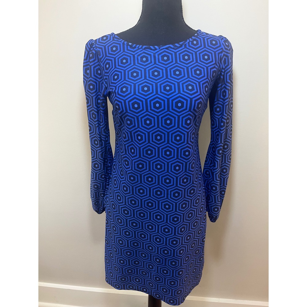 Jude Connally Blue Black Geometric Hexagon Print Long Sleeve Shift Dress XS‎ USA